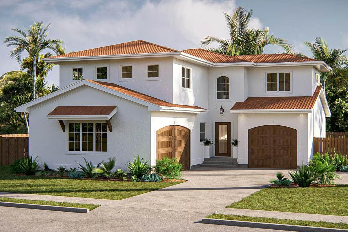 Mediterranean-Style 4-Bedroom Home with Split Garage and Covered Patio (Floor Plan)