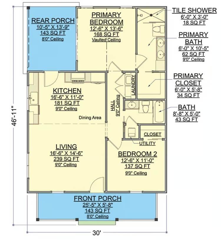 Explore This Thoughtfully Designed 2-Bedroom Floor Plan with Wraparound Porches