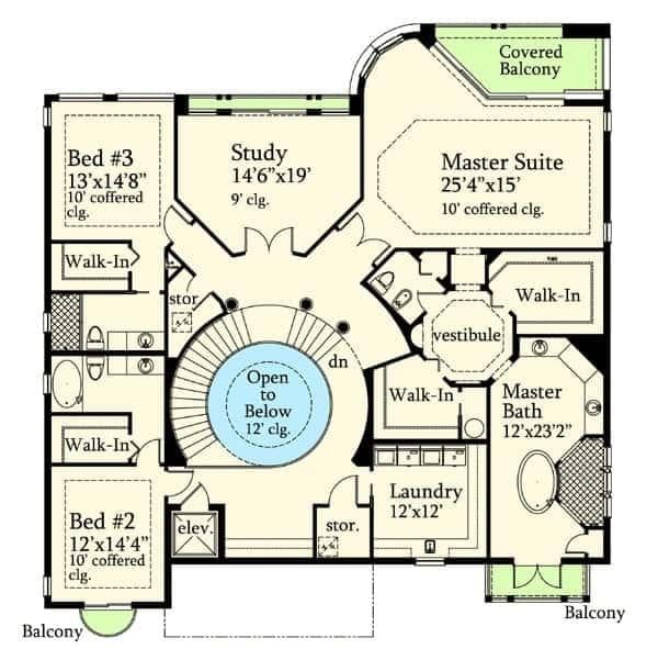 Explore This Floor Plan with a Stunning Central Spiral Staircase