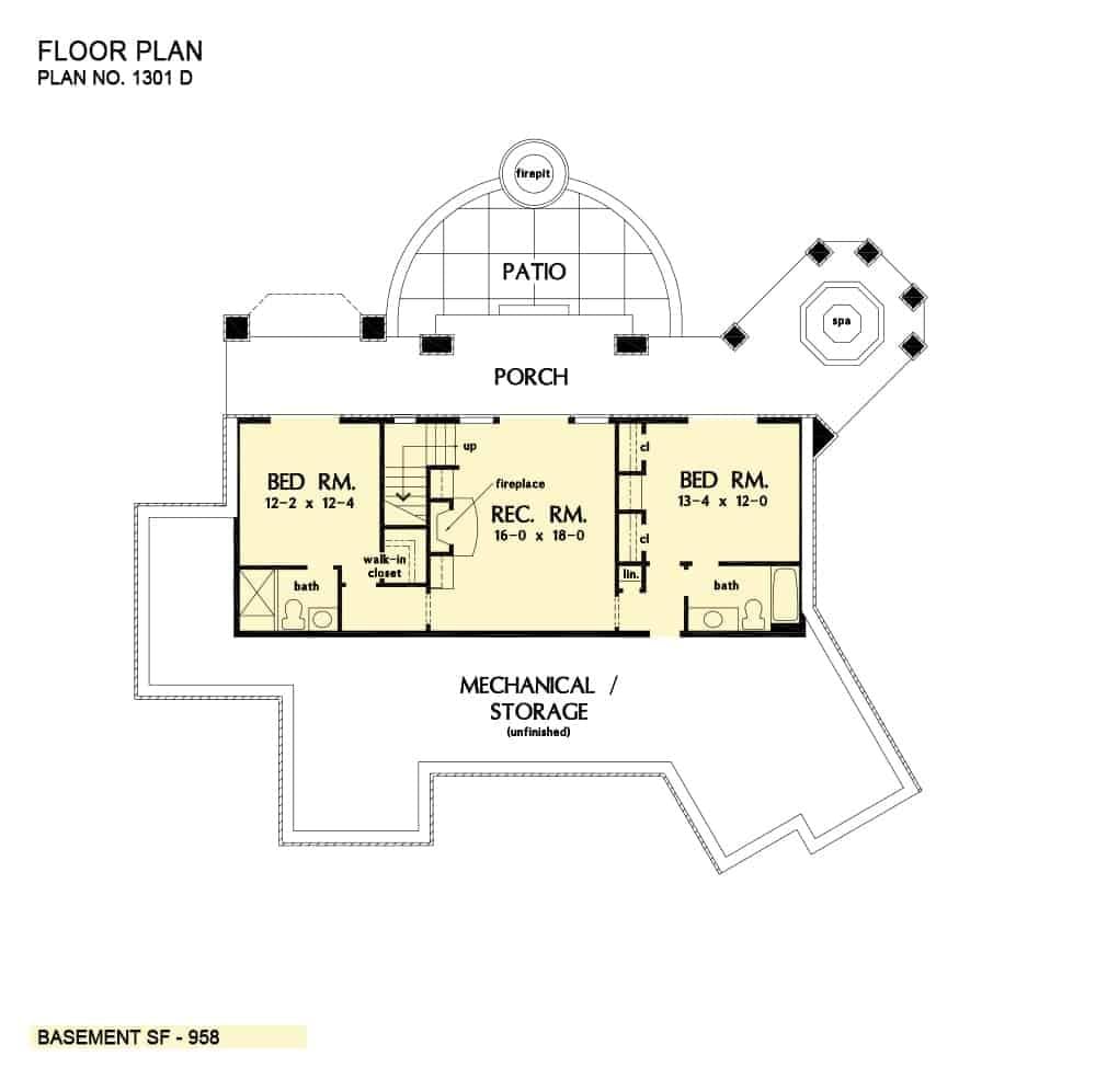 Explore This Thoughtful Basement Layout with a Rec Room and Fireplace
