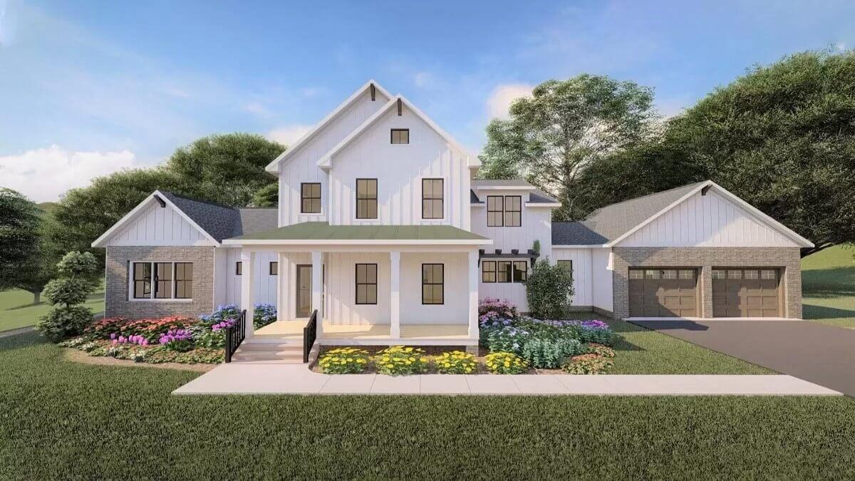 Farmhouse Style with a Crisp White Facade and Inviting Front Porch