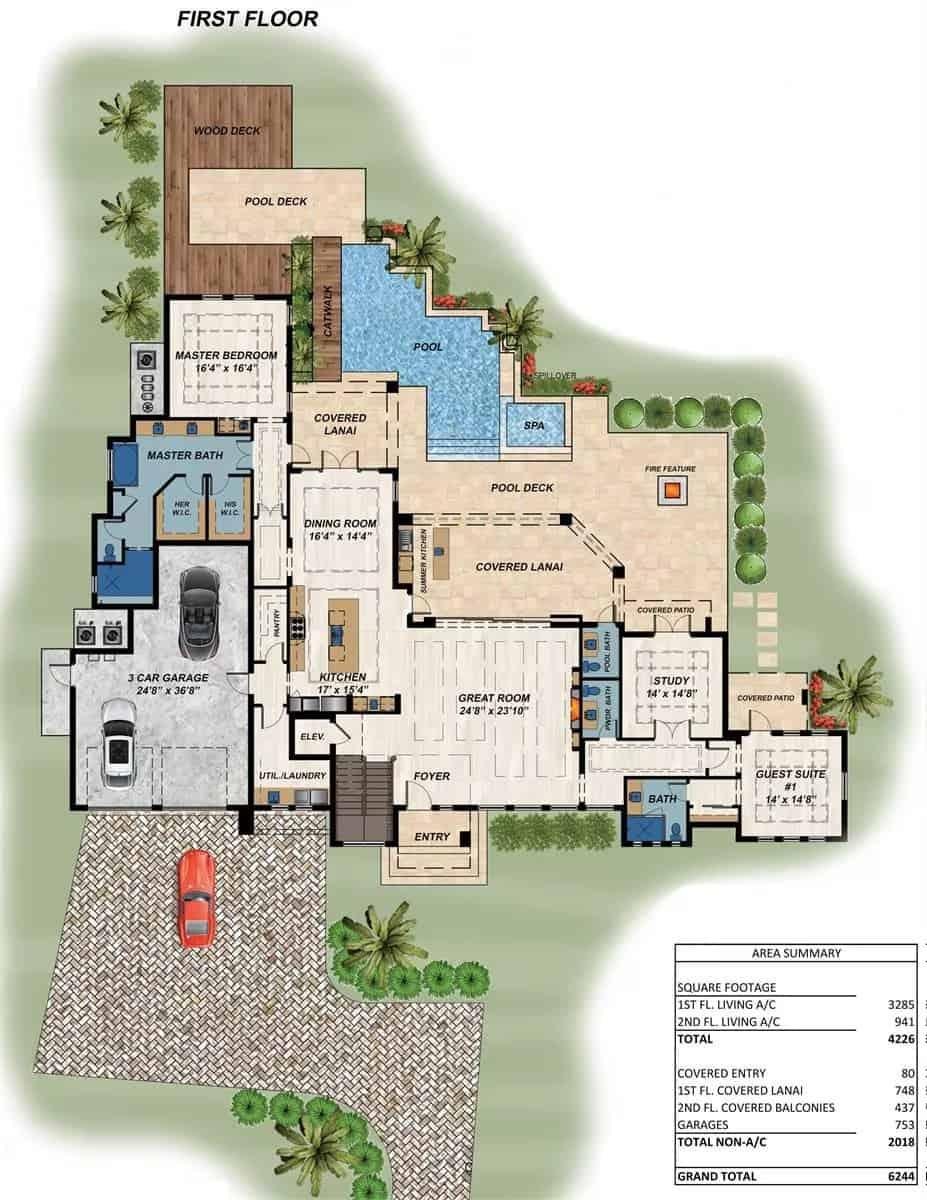 First Floor Plan Featuring a Spacious Great Room and Pool Area