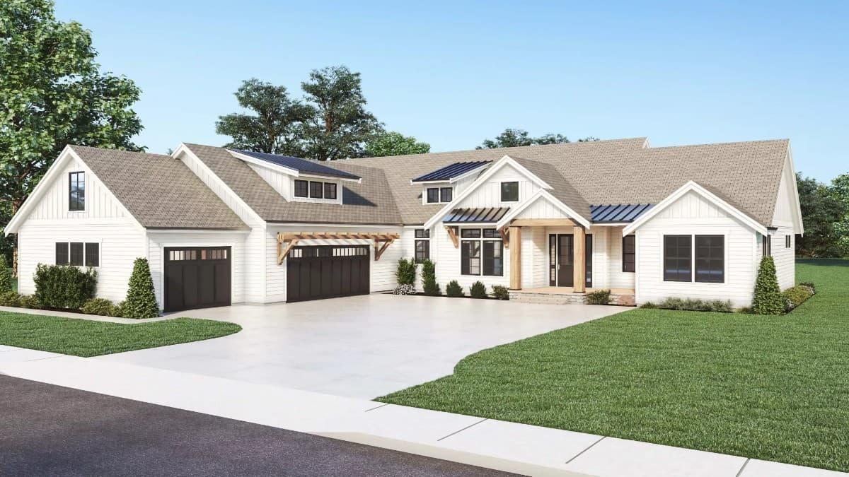 Modern Farmhouse with Striking Black Garage Doors and Wooden Accents