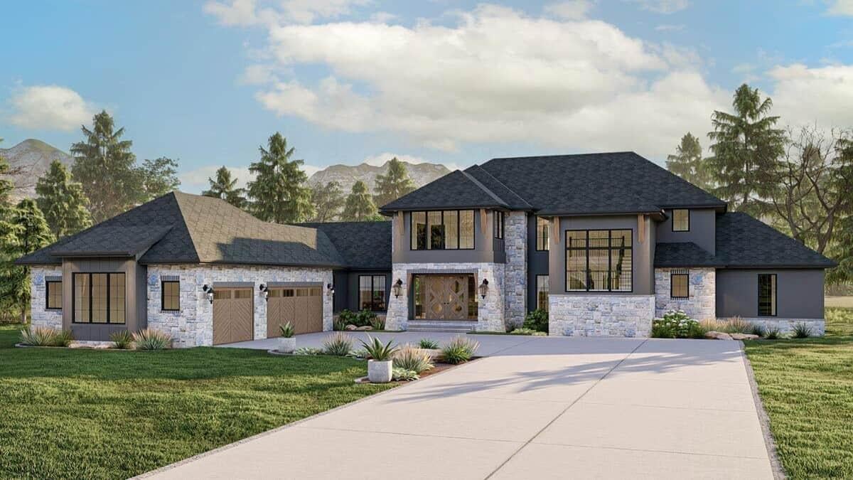 Elegant Stone Facade with Expansive Windows and Triple Garage