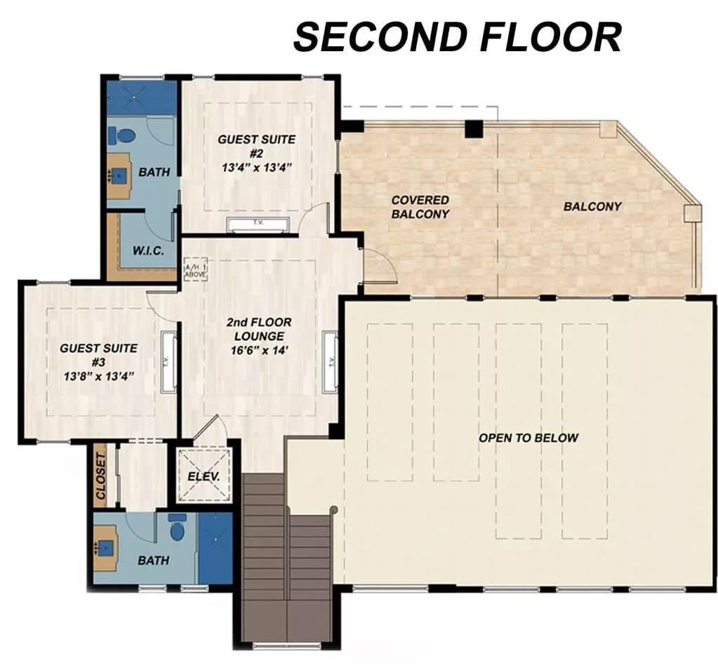 Explore the Spacious Second Floor with Two Guest Suites and Lounging Area