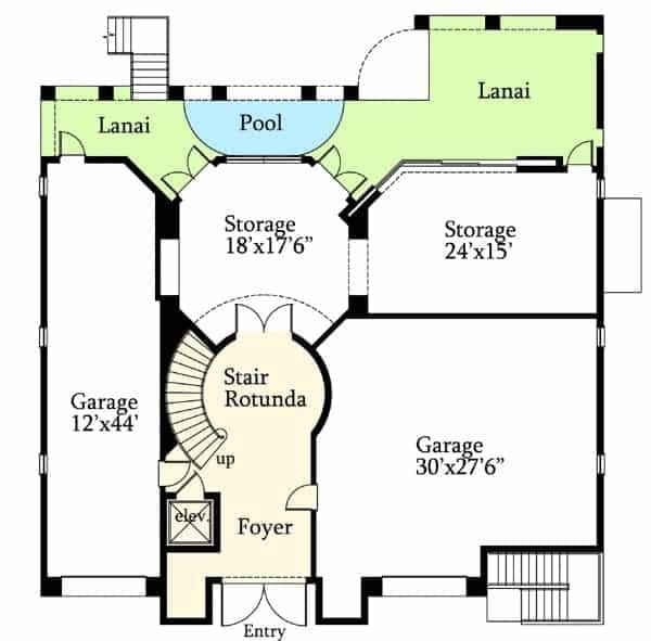 Explore the Spacious Floorplan with Dual Garages and a Central Pool