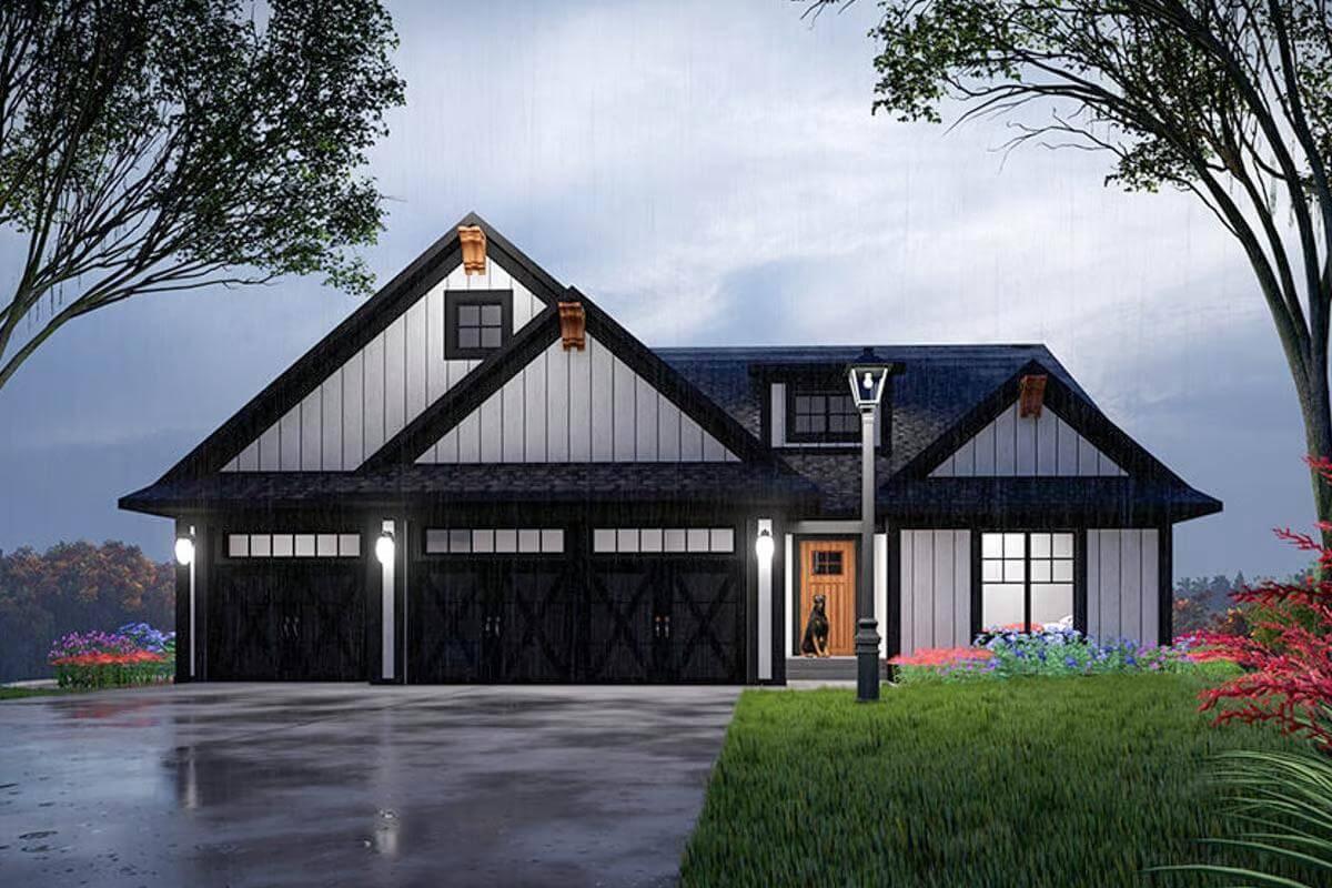 Charming Farmhouse with Striking Black Garage Doors