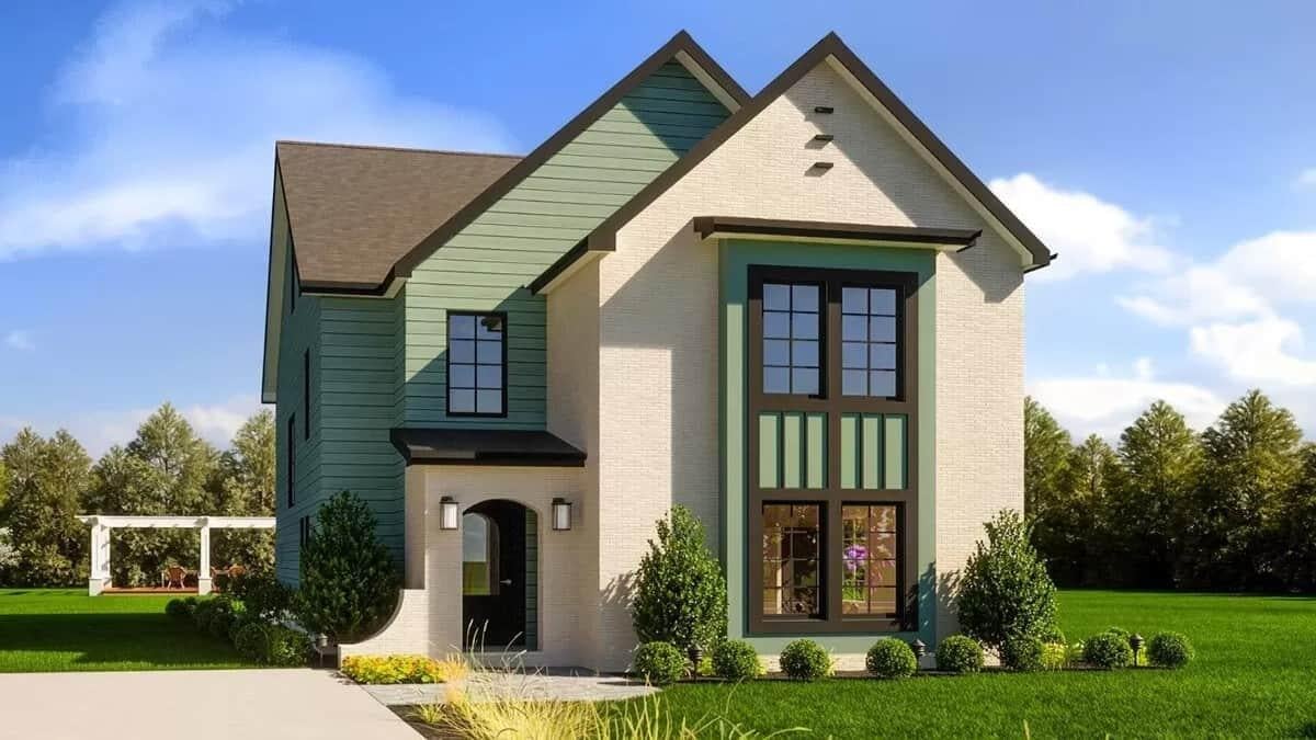 Modern Facade with Bold Green Accents and Tall Windows
