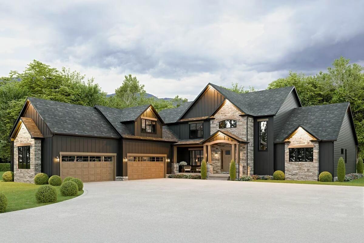 Striking Modern Home with Contrast in Dark Siding and Stonework
