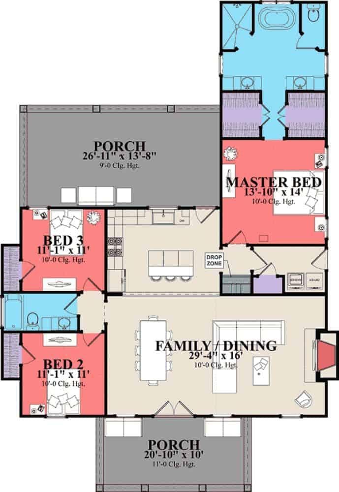 Explore This Efficient 3-Bedroom Floor Plan with Dual Porches