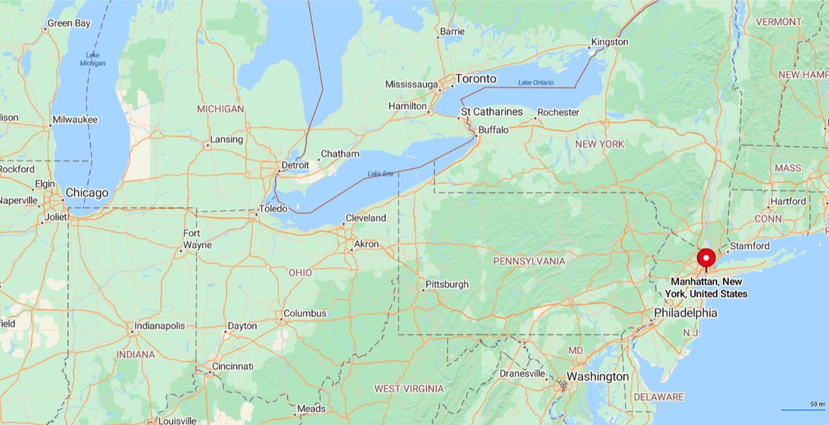 Manhattan, NY, is the central borough of New York City, spanning about 13.4 miles in length and 2.3 miles at its widest point.