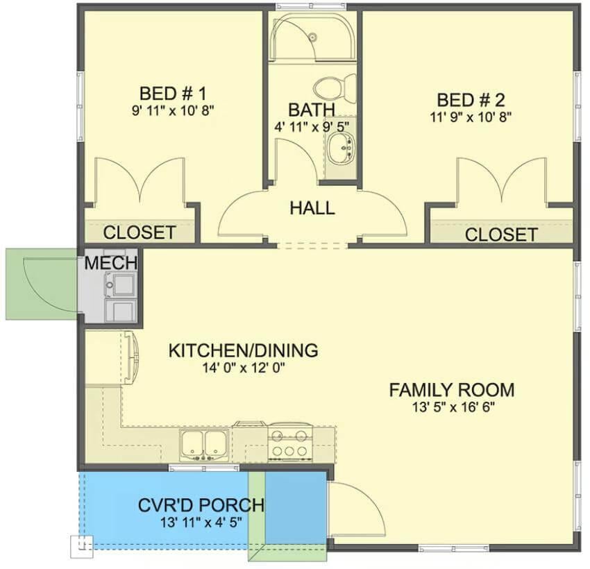 Explore This Compact Two-Bedroom Layout with a Spacious Family Room