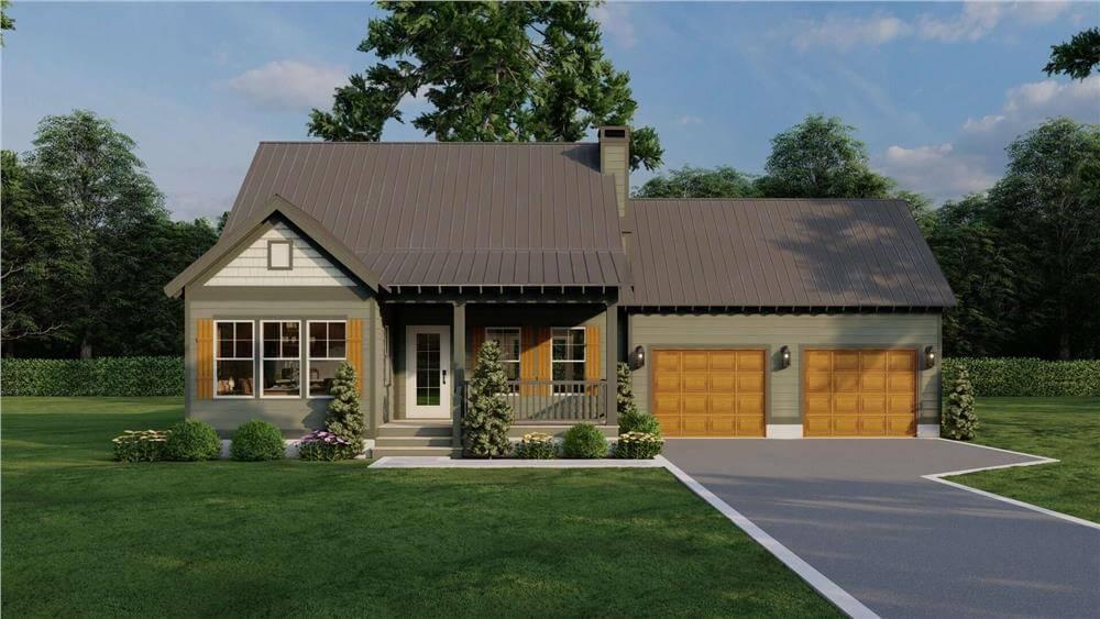 Charming Cottage with a Modern Metal Roof and Rustic Garage Doors