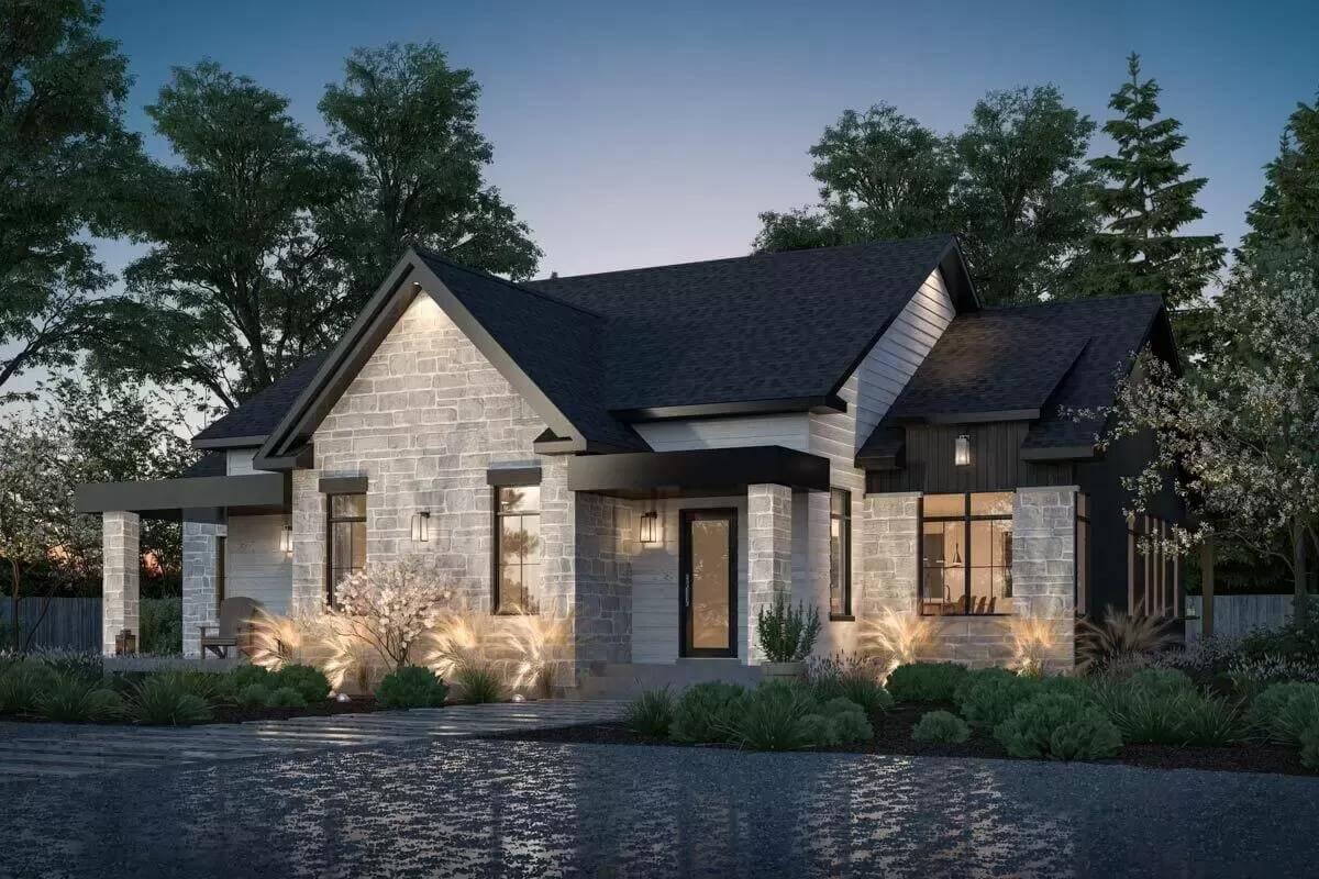 Stone Facade Elegance with Modern Lighting Accents