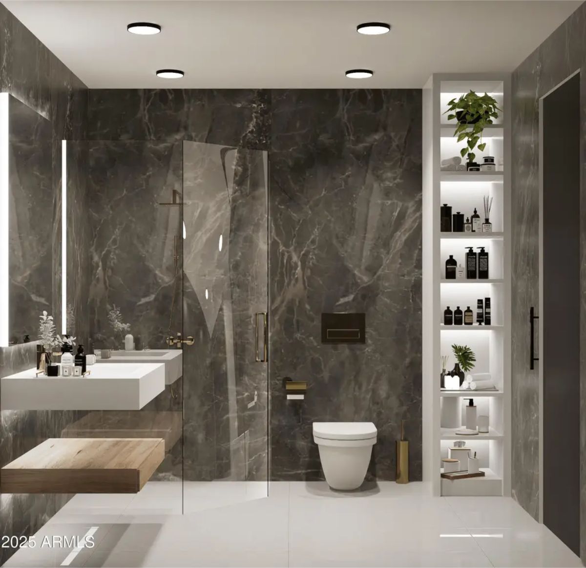Dark marble walls create a bold contrast with the white floor.