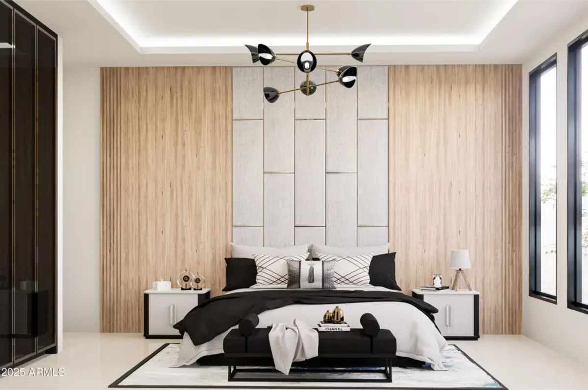 A structured wall design incorporates vertical wood slats and geometric fabric panels.