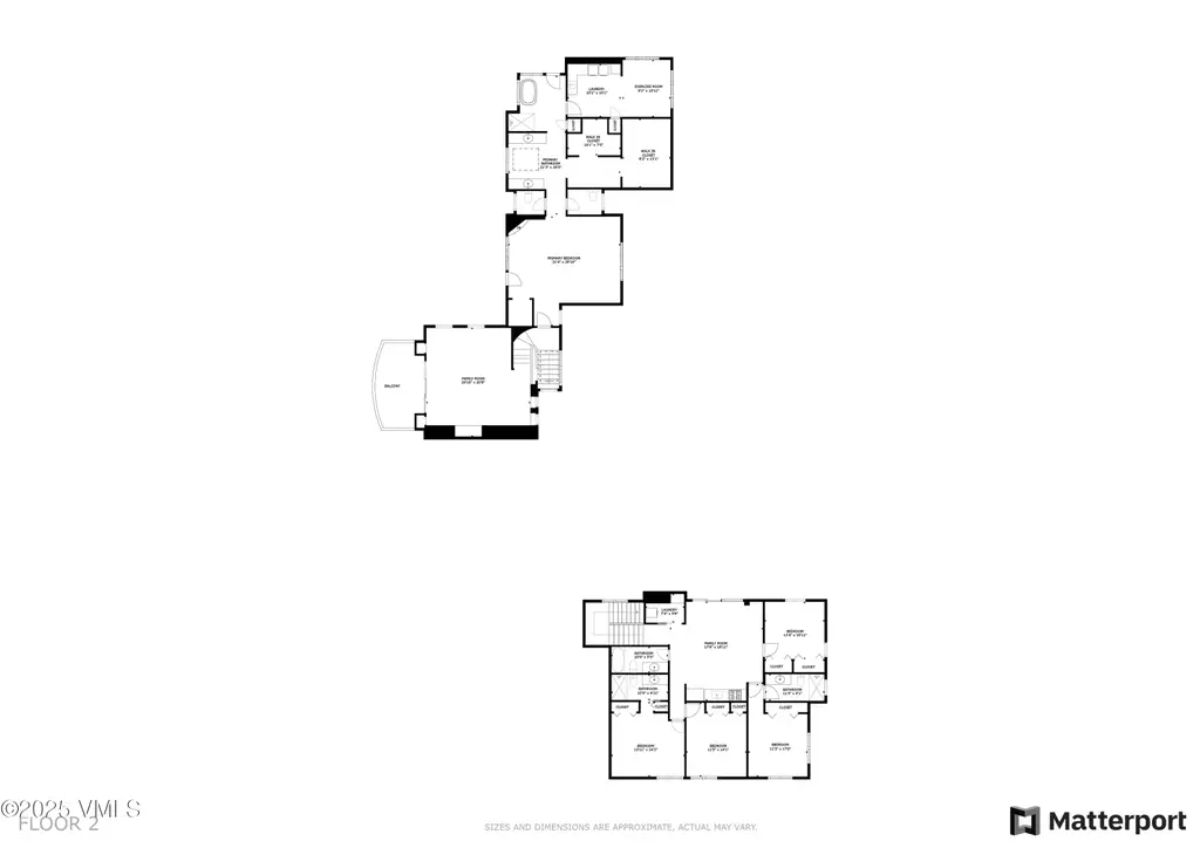 Upper-level layout includes multiple bedrooms, each with access to bathrooms, and a spacious primary suite with an ensuite bath and walk-in closet.