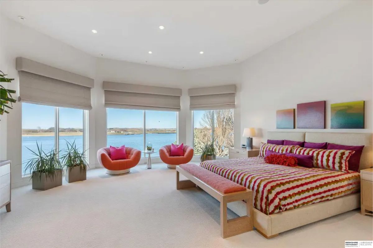 Stylish bedroom designed with a bold red and white patterned bedspread, contemporary furniture, and floor-to-ceiling windows facing a lake. 