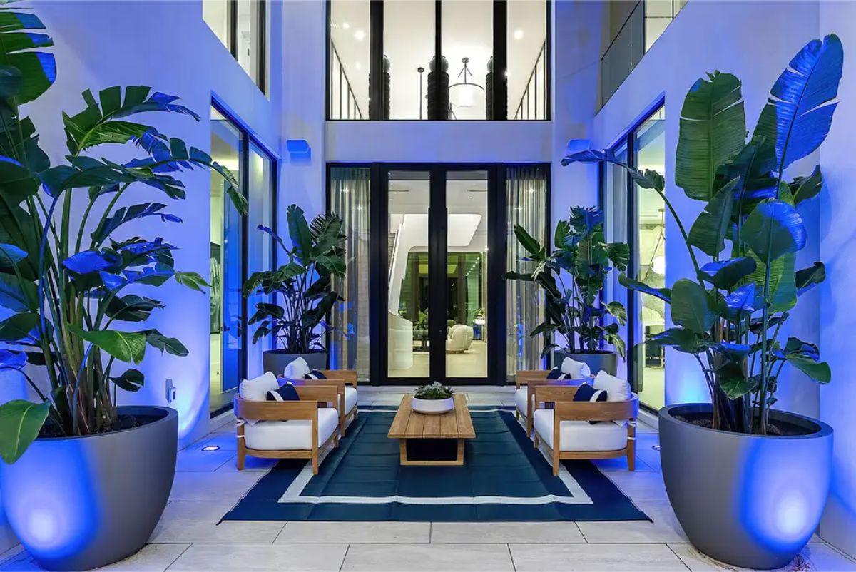 Stylish patio area surrounded by large potted plants, featuring modern outdoor seating under ambient blue lighting. 
