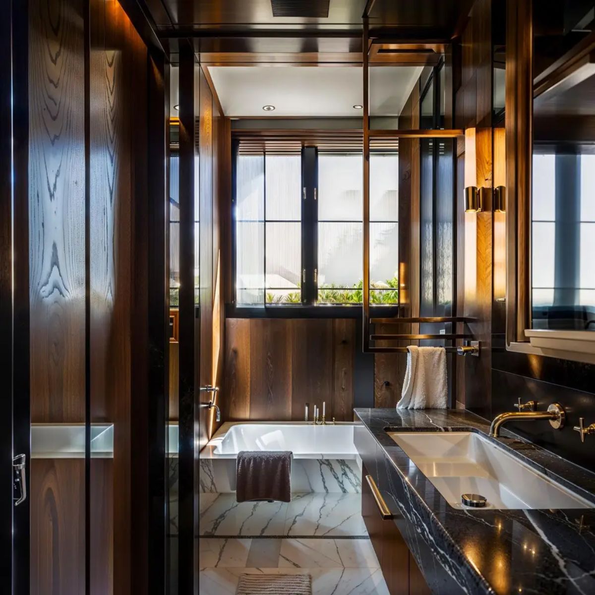 Compact yet stylish bathroom includes black marble finishes and natural wood paneling. 