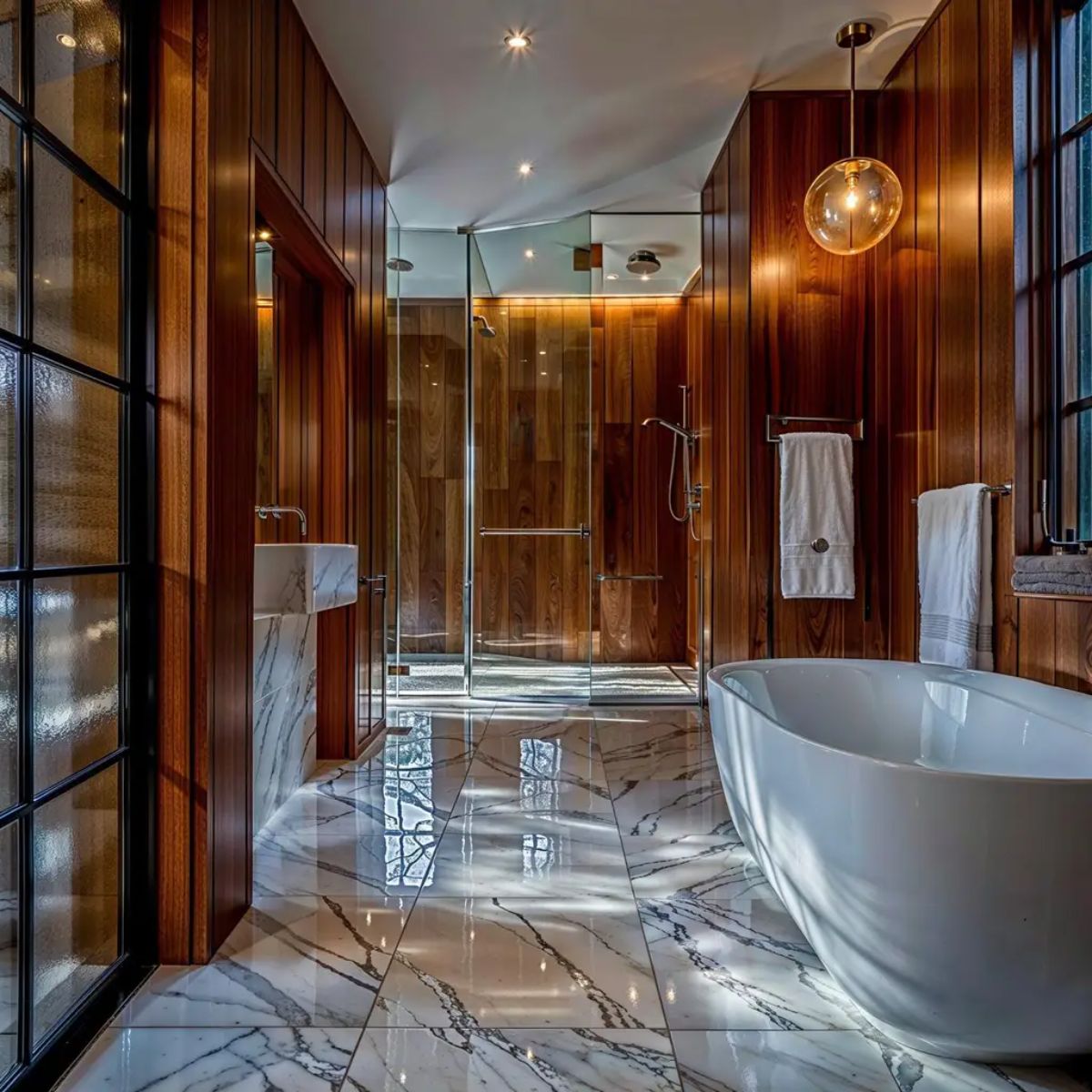 Spa-like bathroom features a freestanding tub, marble flooring, and rich wood walls. 