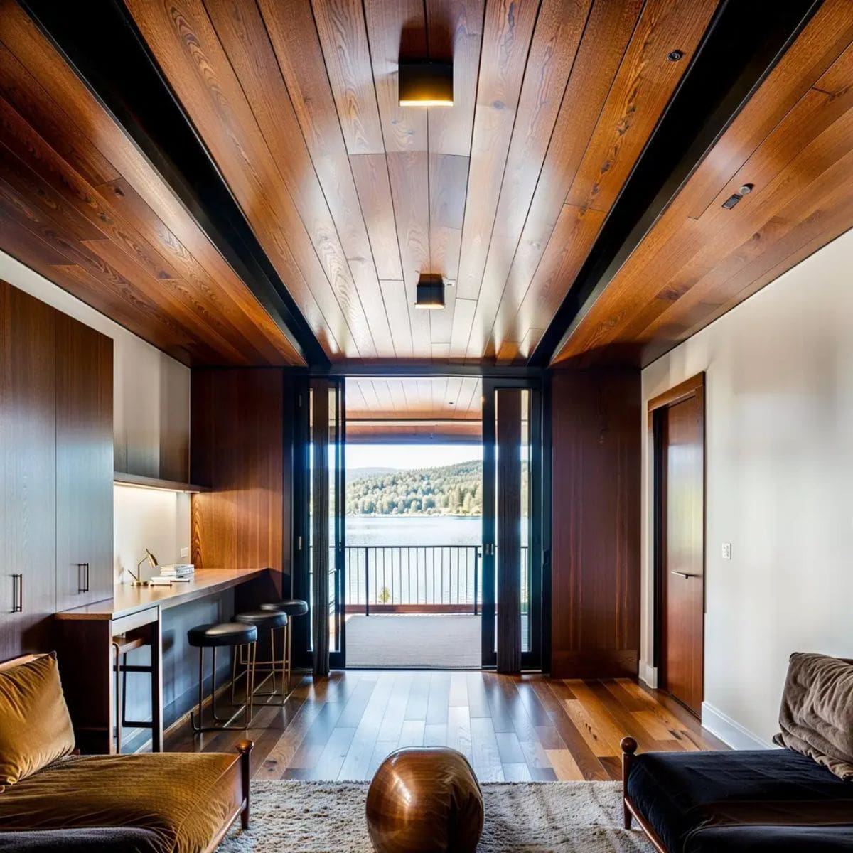 Lounge space leads to a serene lake view, framed by a wooden ceiling and open balcony doors. 