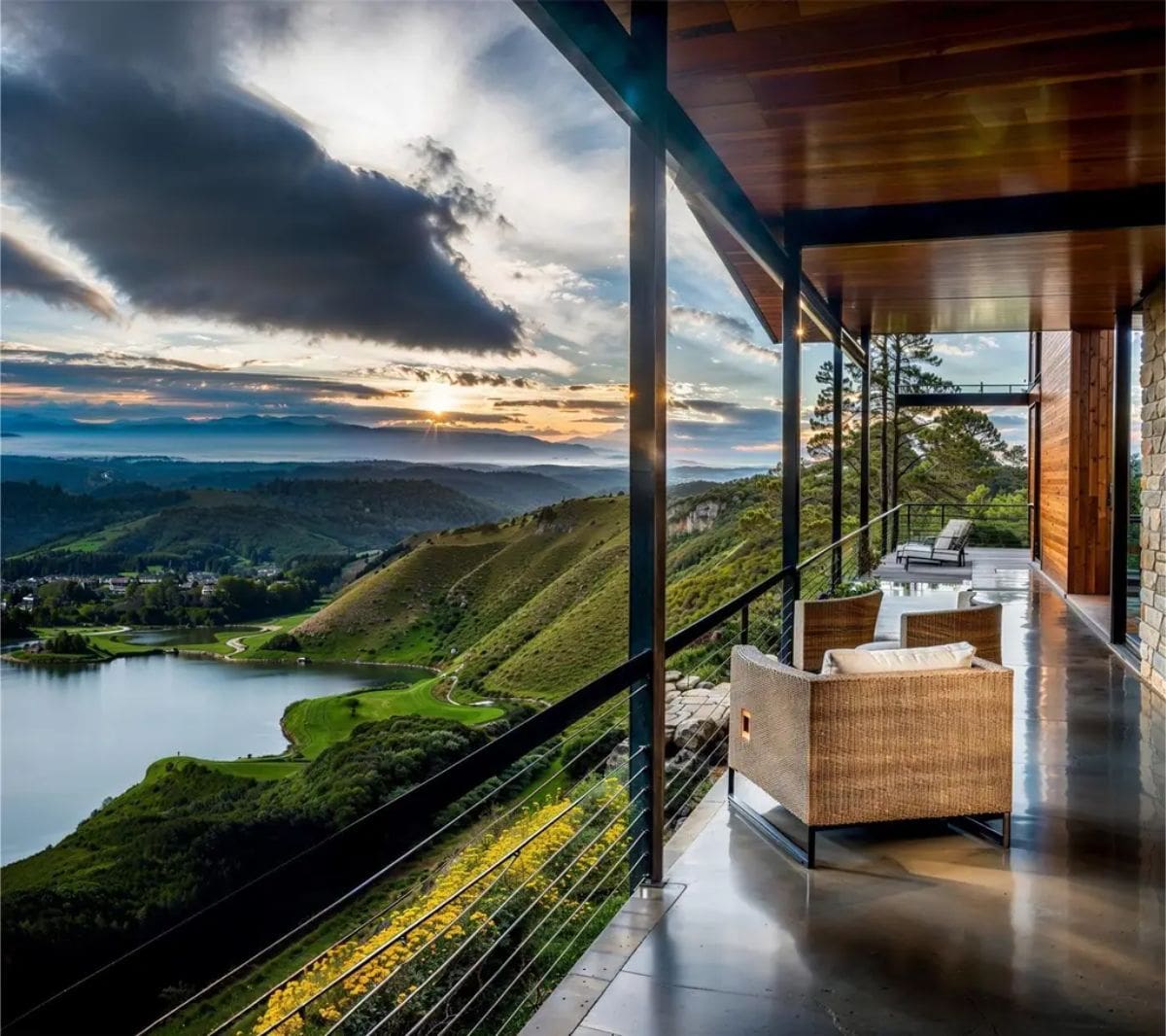 Expansive terrace overlooks lush green hills and a peaceful lake at sunset. 