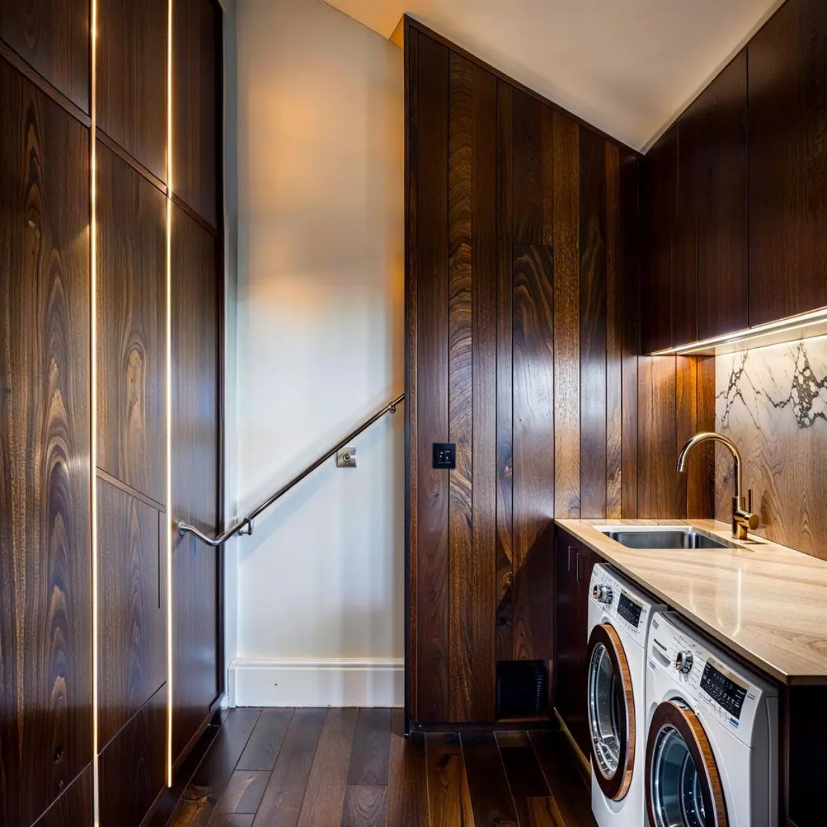 Laundry room integrates wooden cabinetry, modern appliances, and under-cabinet lighting. 