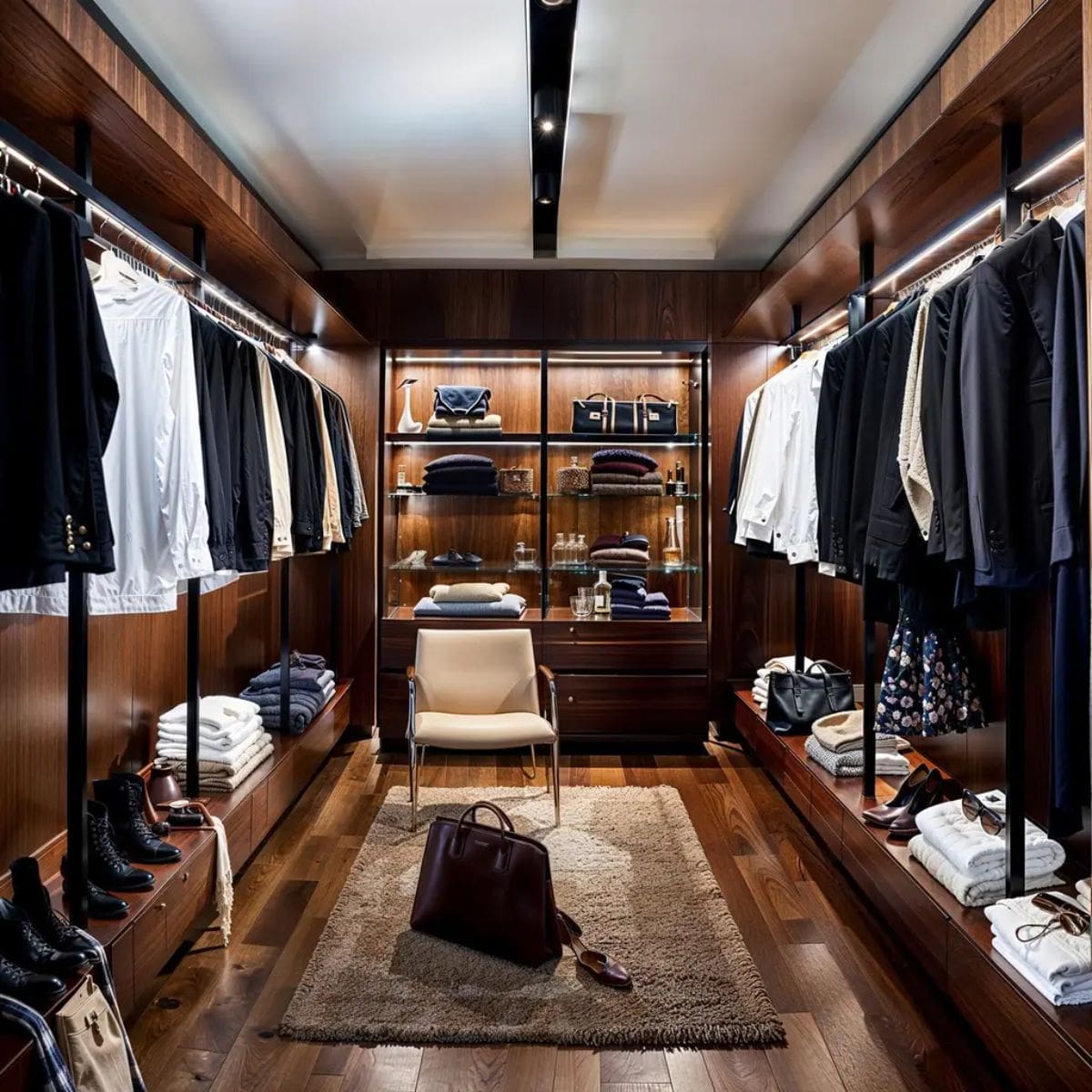 Chic dressing room includes dark wood shelves, designer clothing, and a cozy seating area for added elegance. 