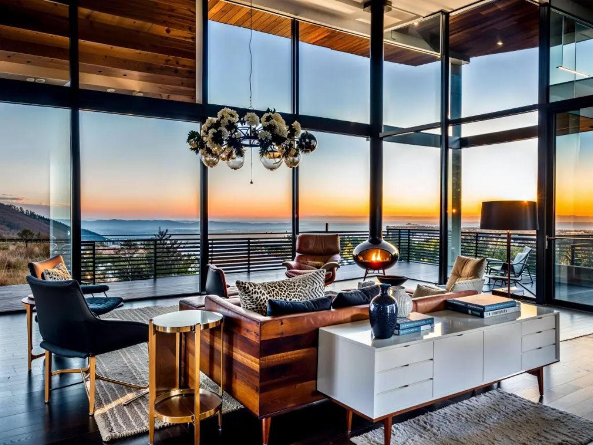 Spacious living area showcases panoramic views, elegant furniture, and a floating fireplace for a cozy ambiance. 