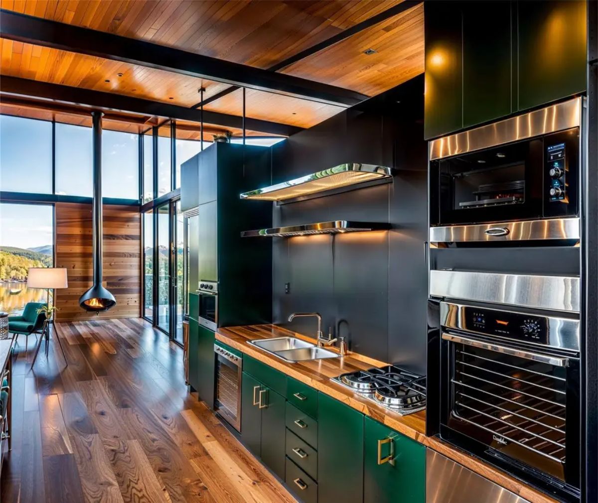 Sleek kitchen incorporates dark green cabinetry, stainless steel appliances, and warm wooden finishes. 