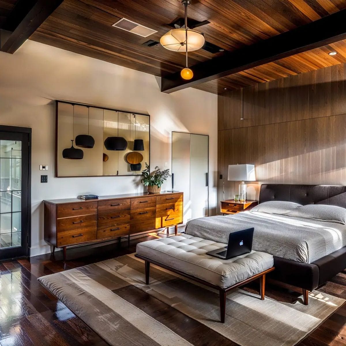 Sophisticated bedroom combines dark wood paneling, a tufted bed, and minimalist decor for a refined aesthetic. 