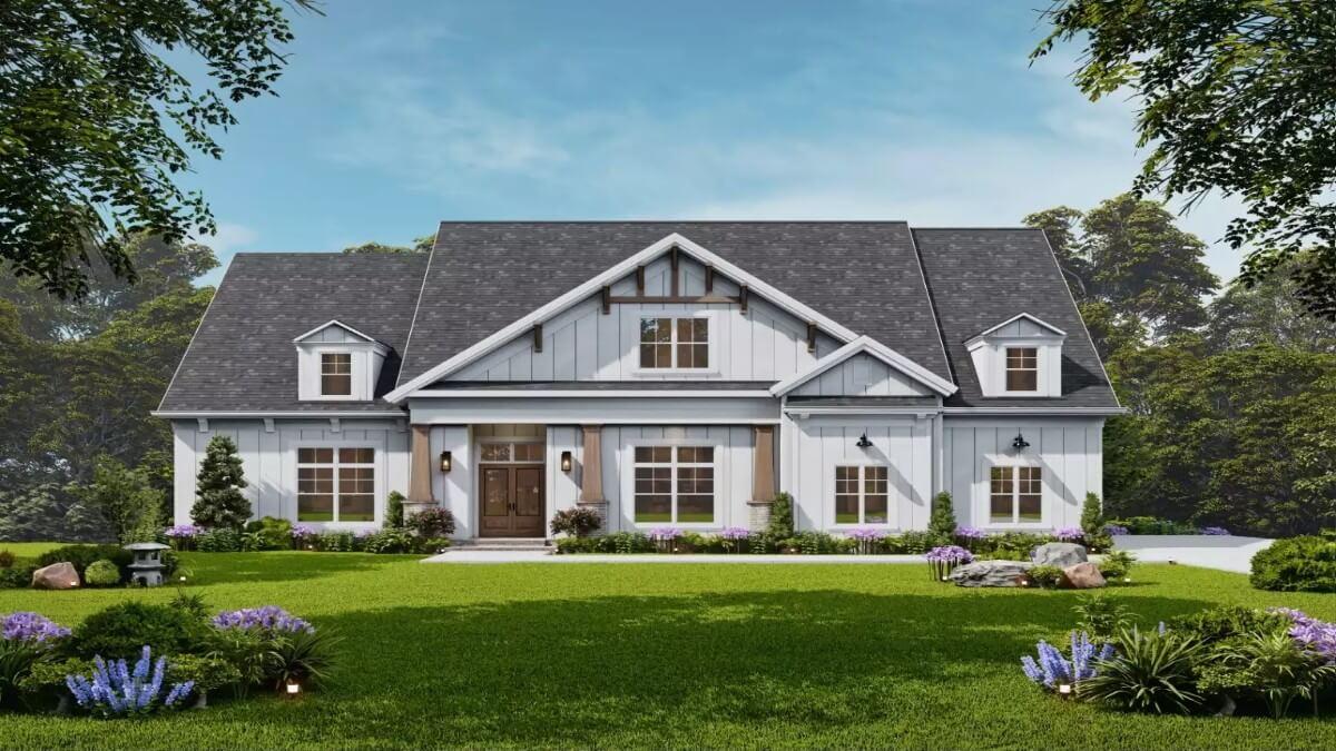 Classic Farmhouse with Symmetrical Charm and Dormer Windows
