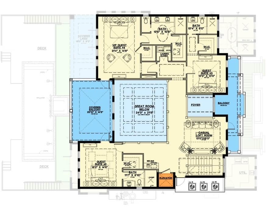 Explore This Floor Plan with a Spacious Great Room and Multiple Guest Suites