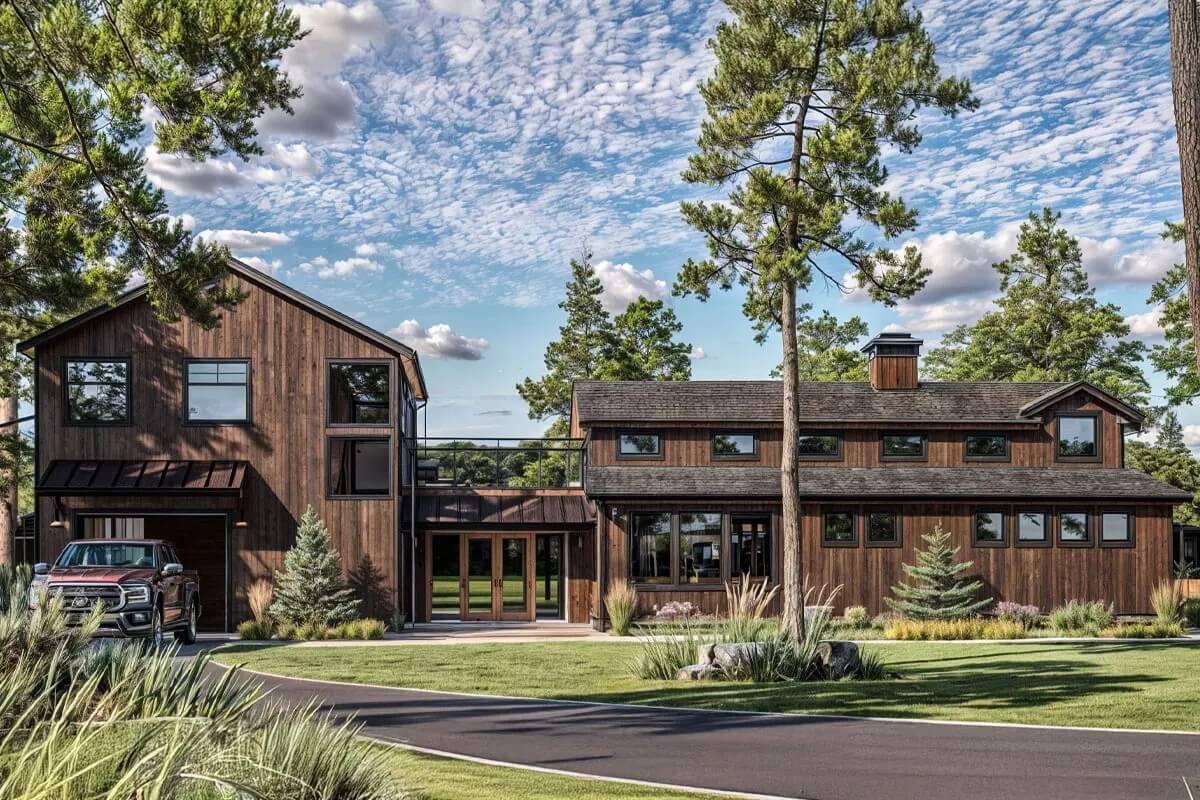 Modern Barn-Style Home with Expansive Windows and Rustic Charm