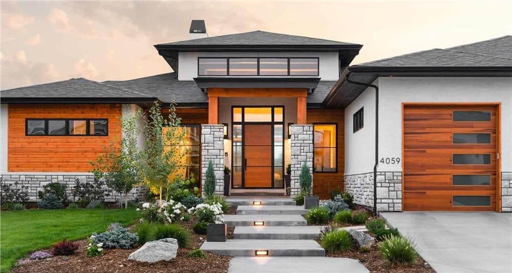 Striking Entryway with Warm Wood Accents and Stone Detailing
