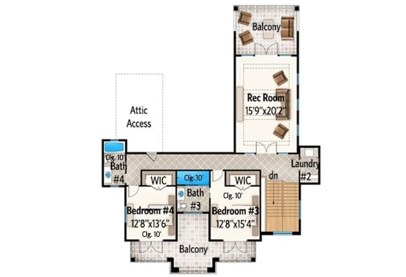 Upper Floor Layout Featuring a Spacious Rec Room and Dual Balconies