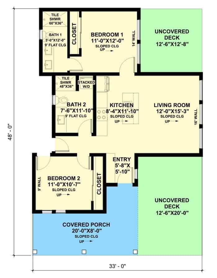 Efficient Floor Plan with Dual Decks and Functional Kitchen Layout