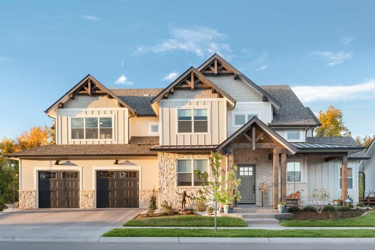 Explore This Modern Farmhouse with Timber Accents and Stone Detailing