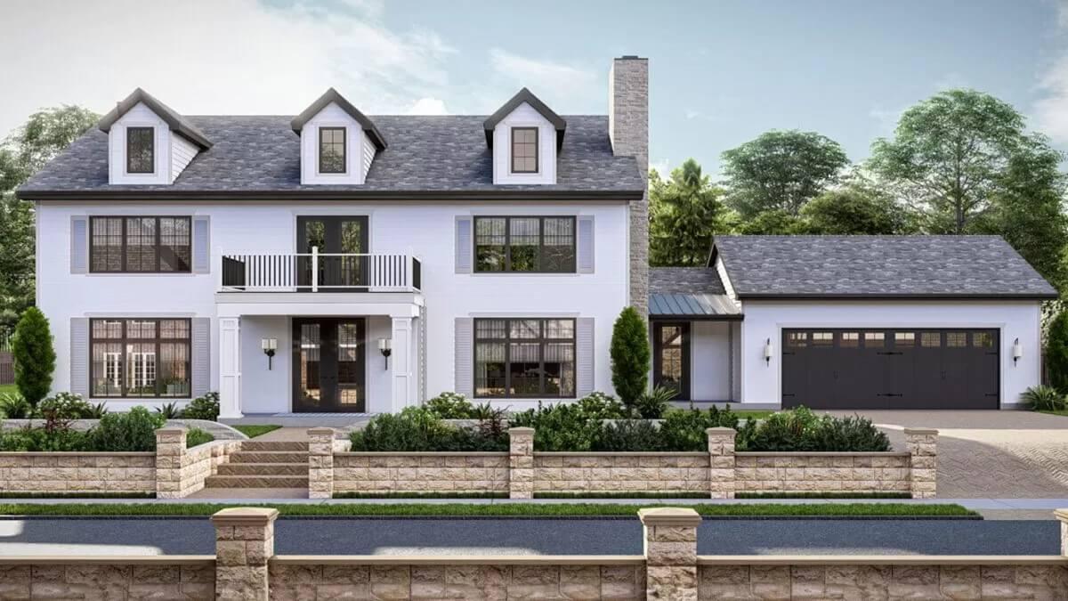 Classic Colonial Facade with Symmetrical Dormers and Stone Accents