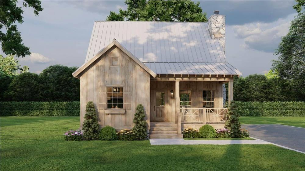 Charming Cottage with Rustic Wood Siding and Stone Chimney