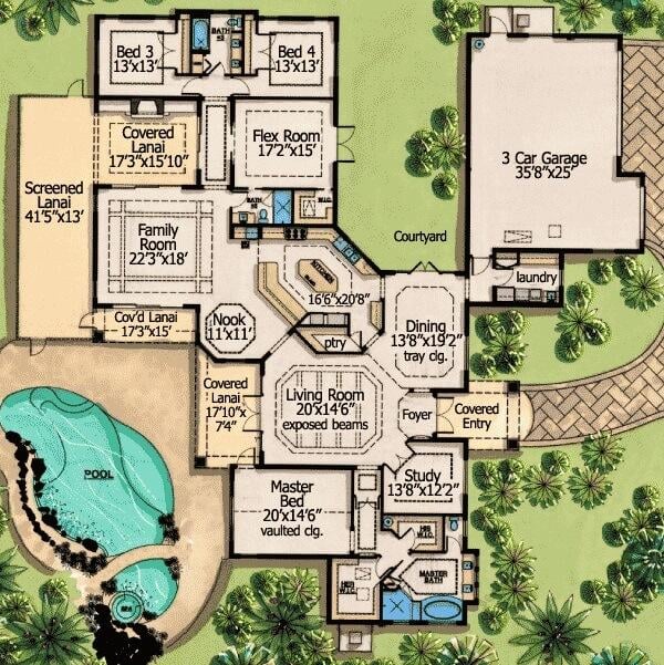 Explore the Spacious Layout of This 4-Bedroom Home with a Poolside Retreat