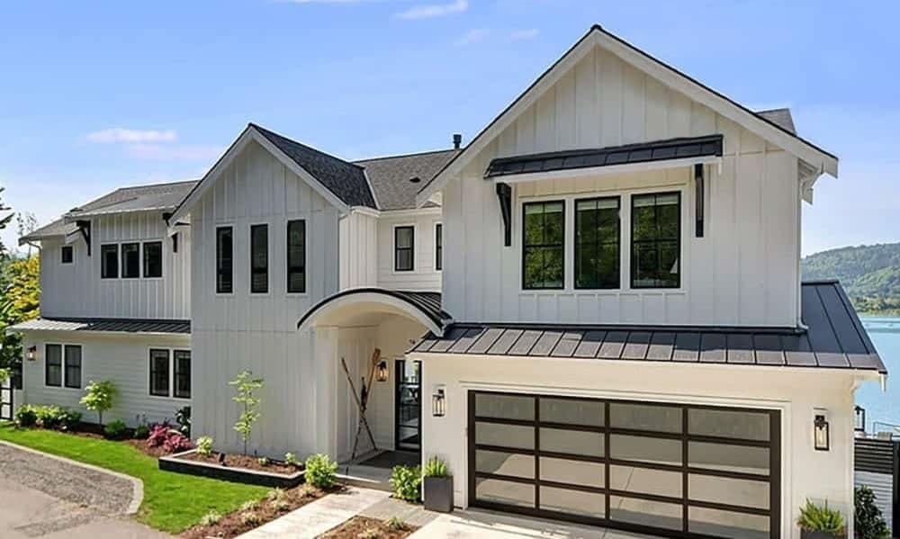 Modern Farmhouse with Striking Black Accents and Lake Views