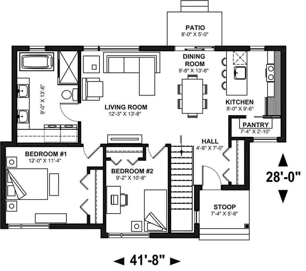 Explore This Efficient Two-Bedroom Floor Plan with a Cozy Living Area