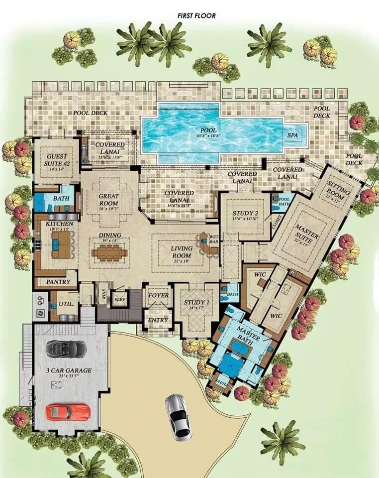 Explore This Expansive Floor Plan with a Luxurious Poolside Retreat