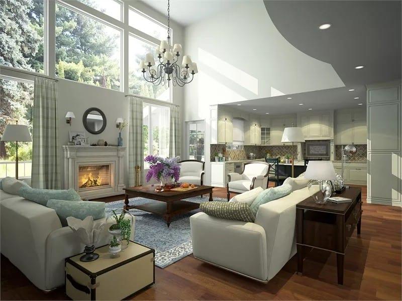 Grand Living Room with Towering Windows and a Cozy Fireplace