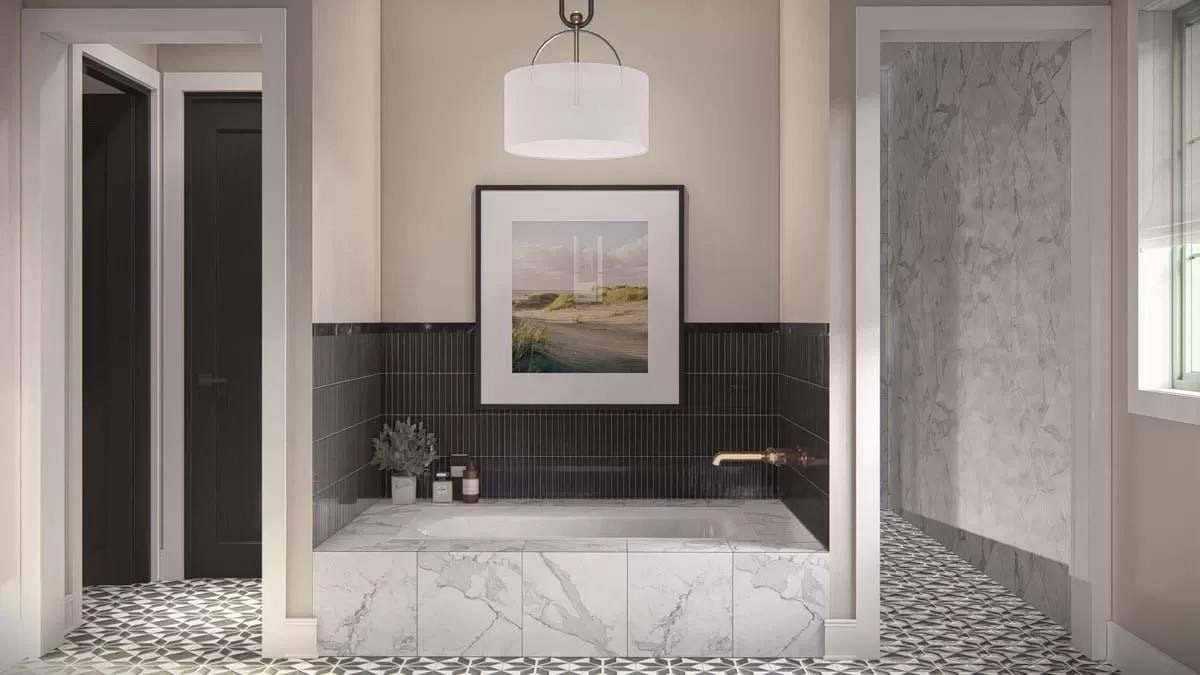 Marble-Accented Tub with a Geometric Floor Pattern—Elegant Simplicity