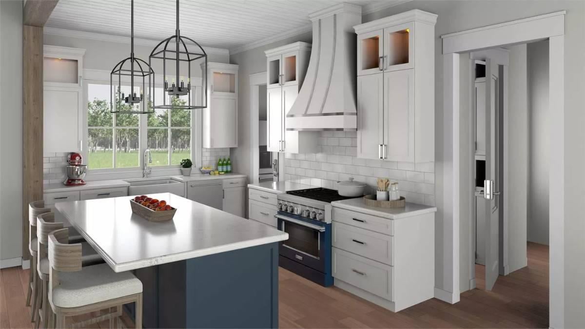 Craftsman Kitchen with a Bold Blue Island and Industrial Lighting