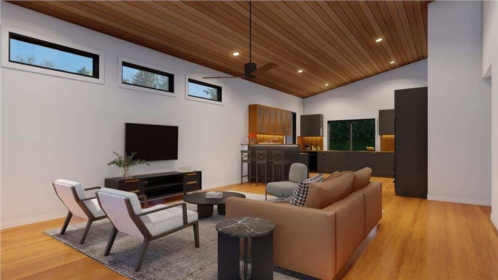 Wow, Check Out the Wood Ceiling and Sleek Cabinetry in This Open Living Space
