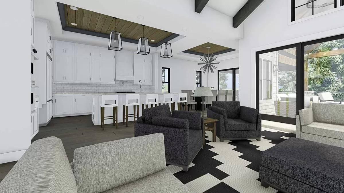 Open-Concept Living Room and Kitchen with Statement Lighting